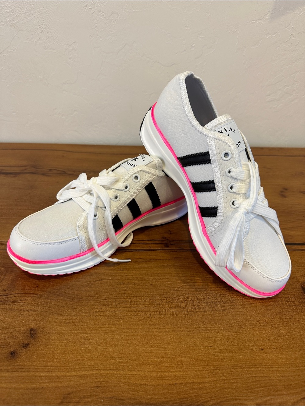 Canvas Women's White Sneakers with Black Stripes and Pink Accent